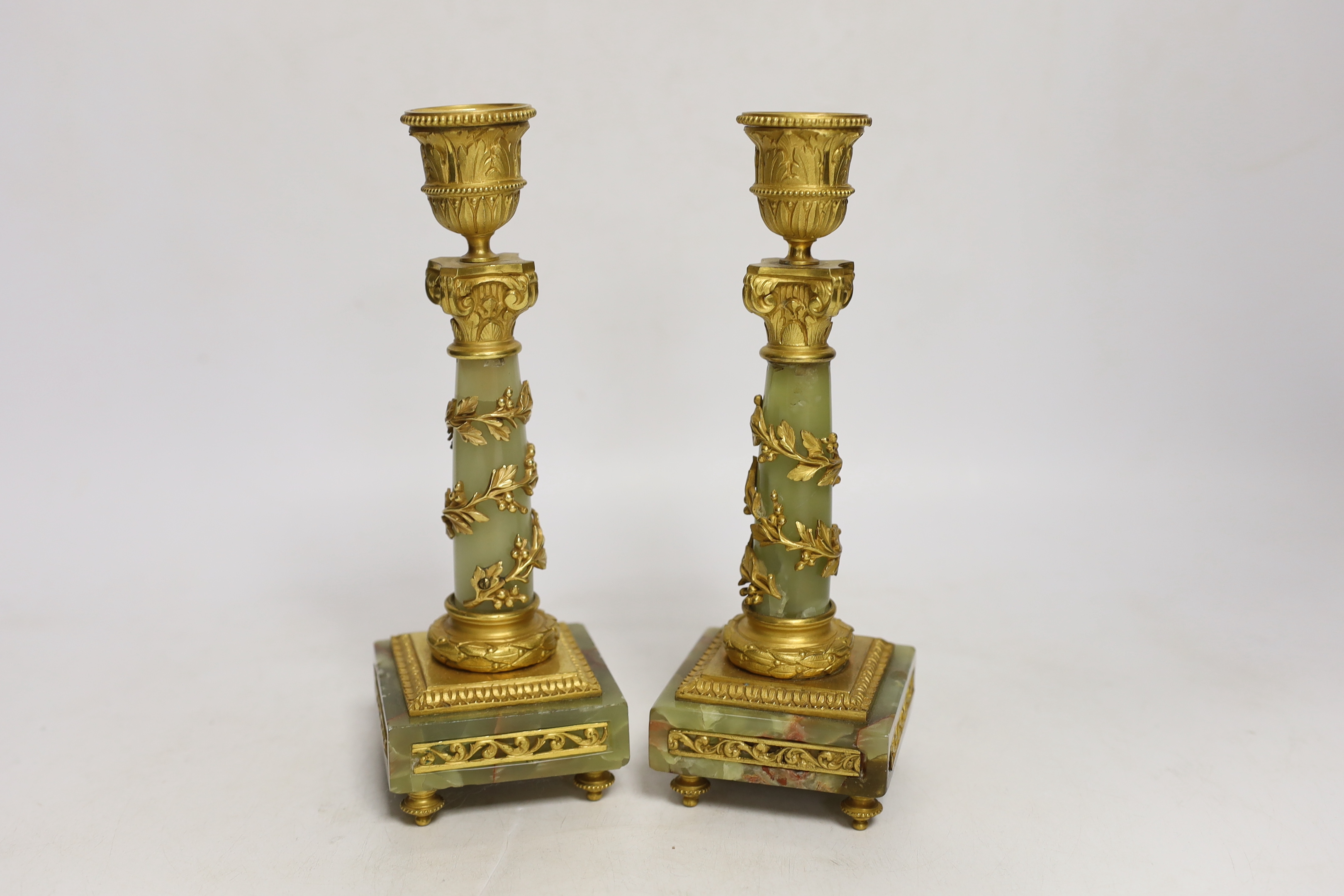 A pair of Neo-classical revival green onyx and ormolu candlesticks, c1900, 20cm high